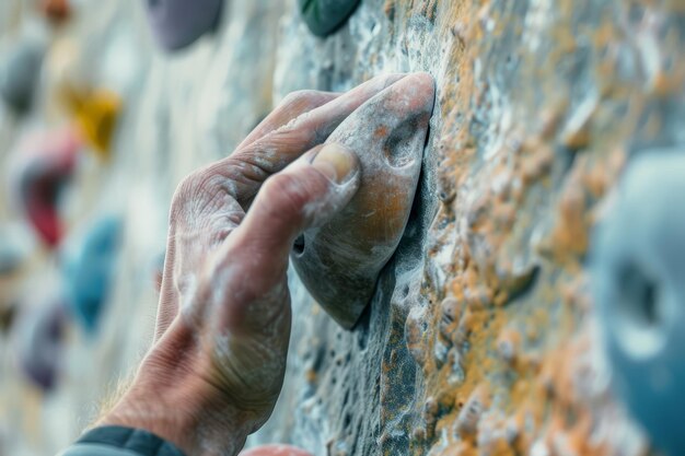 Close up of a mans hand gripping onto a climbing wall hold