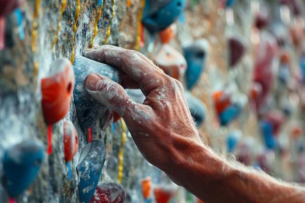 Close up of a mans hand gripping onto a climbing wall hold