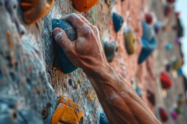 Close up of a mans hand gripping onto a climbing wall hold