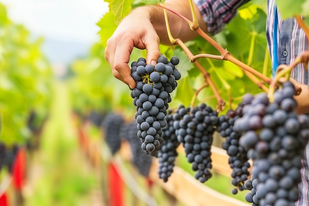 Close up of a mans hand holding a bunch of grapes in vineyard