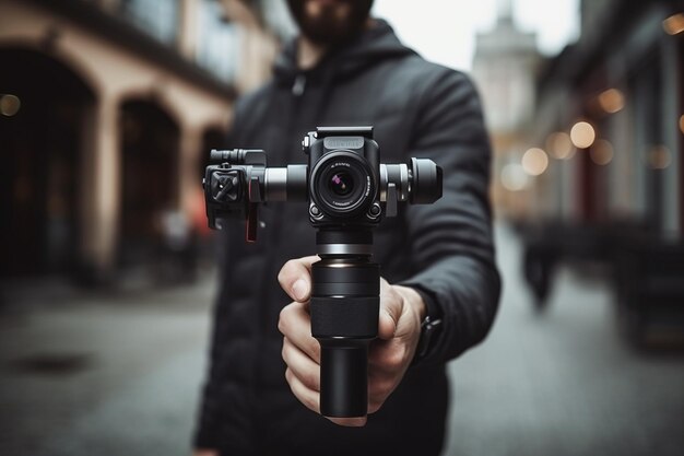 Close Up of Mans Hand Holding Gimbal Stabilizer Generative AI