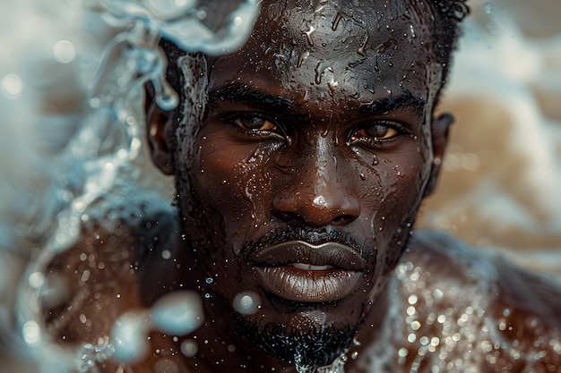 Close up of mans jaw with water splashing creating a happy and fun art event