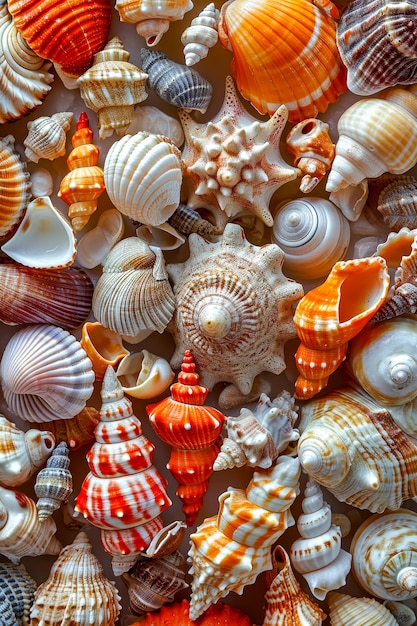 Photo close up of many different colored shells both open and closed