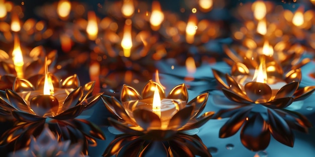 A close up of many lit candles in a body of water The candles are arranged in a way that they are floating on the surface of the water The scene has a serene and calming mood