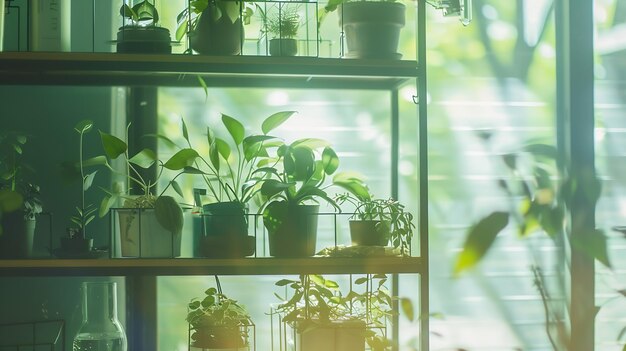 Close up of many plants on shelves by the window Creative Home decoration concept Generative AI