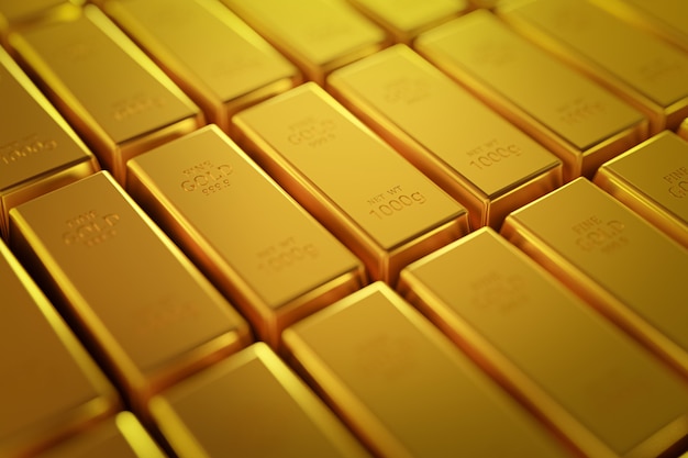 Photo close up many rows of gold bars