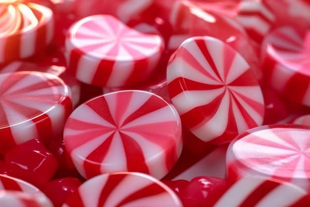 Photo close up many sweet round starlight peppermint caramel candies bonbons red and white spiral pattern