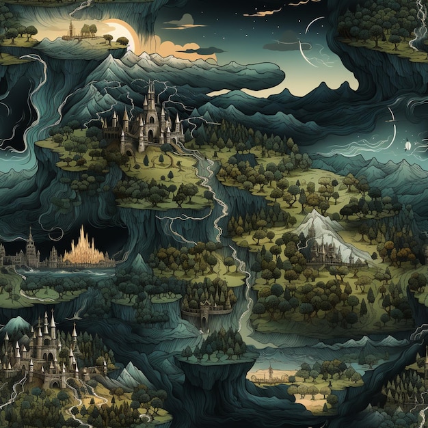 a close up of a map of a fantasy world with a castle generative ai