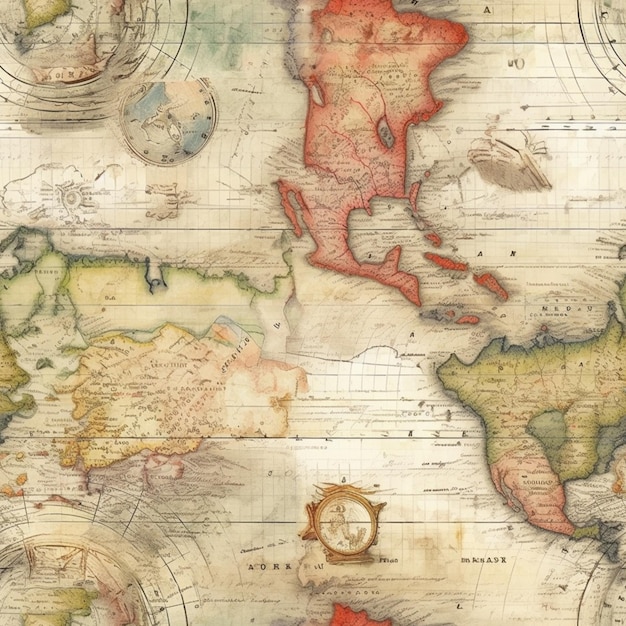 A close up of a map of the world with a compass generative ai