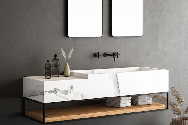 close up of marble basin with double mirror standing in on grey wall vanity with black faucet in minimalist bathroom side view 3d rendering