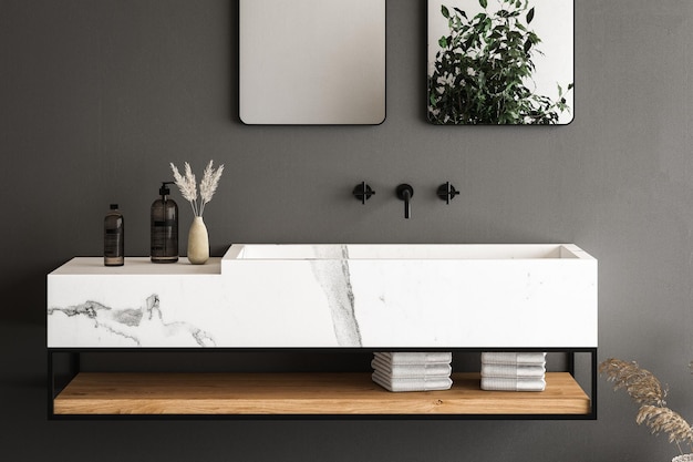 close up of marble basin with double mirror standing in on grey wall vanity with black faucet in minimalist bathroom side view 3d rendering