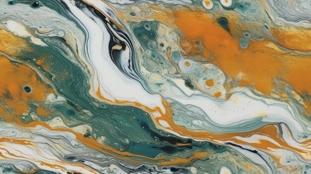 A close up of a marble painting with a green and gold swirl