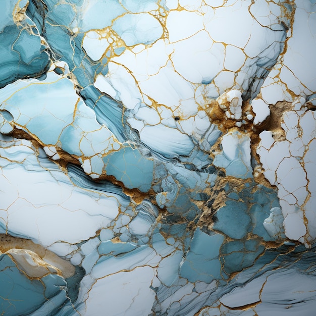 A close up of a marble surface with a blue and gold paint generative ai