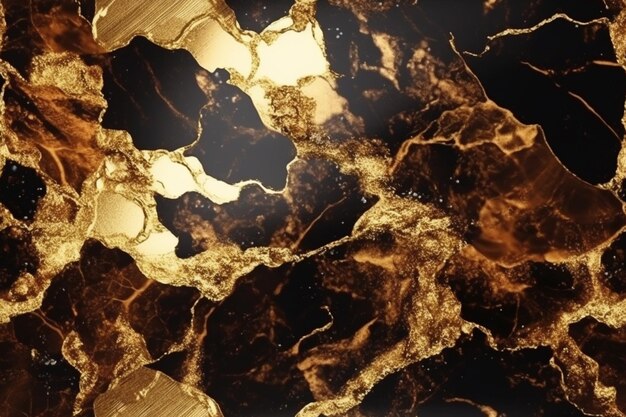 A close up of a marble surface with a gold and black design generative ai