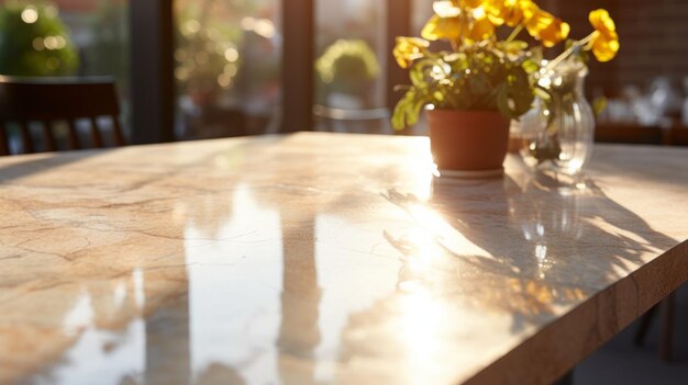 Photo close up of marble table with sunlight and flowers