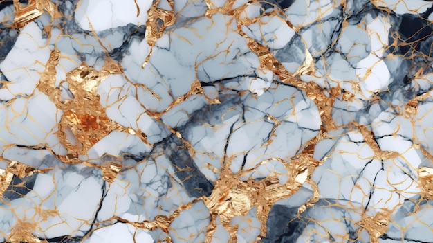 A close up of a marble wall with gold and blue marbles.