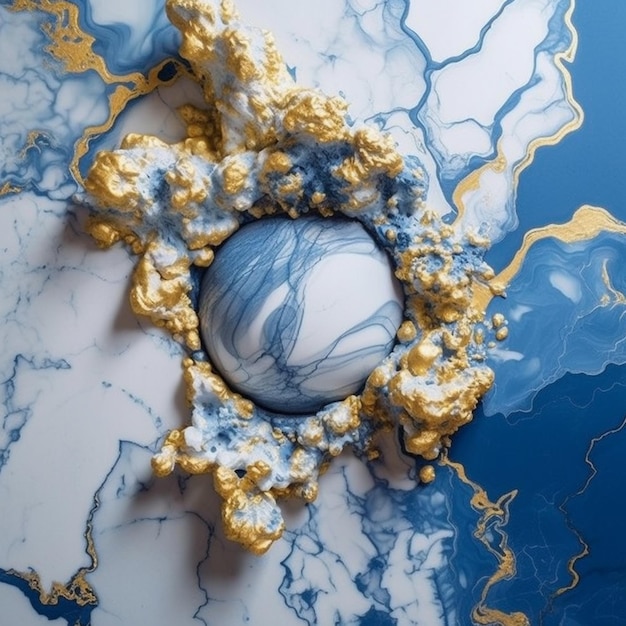 a close up of a marbled surface with a blue and gold design generative ai