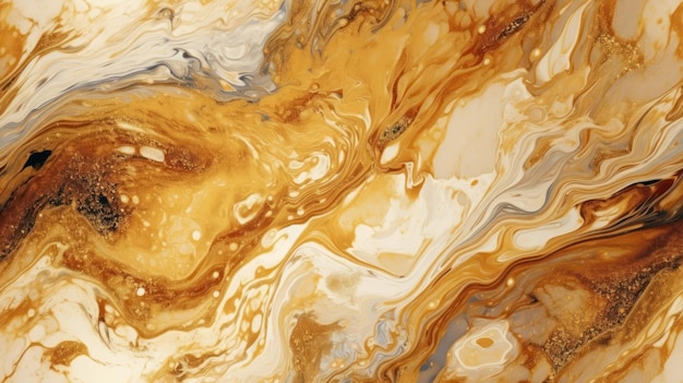 A close up of a marbled surface with gold and brown swirls.