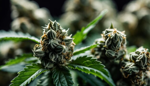 A close up of marijuana plants with green leaves