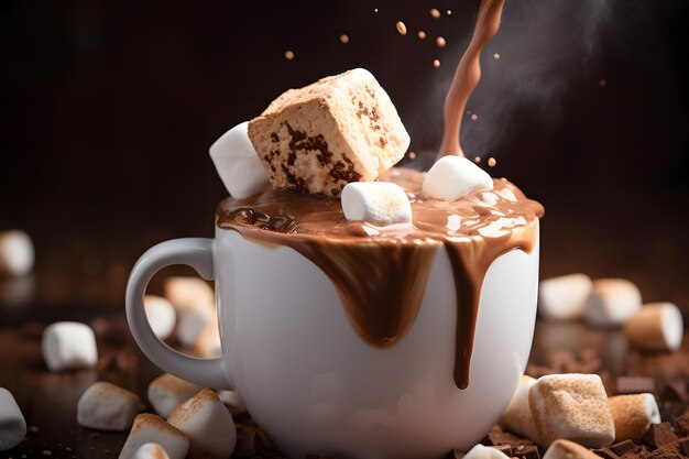 A close up of a marshmallow melting into a rich hot chocolate on National Marshmallow Toasting Day