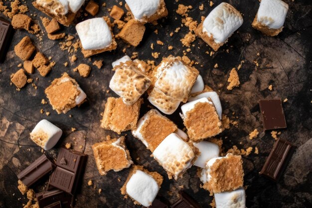 A close up of marshmallows and chocolate bars