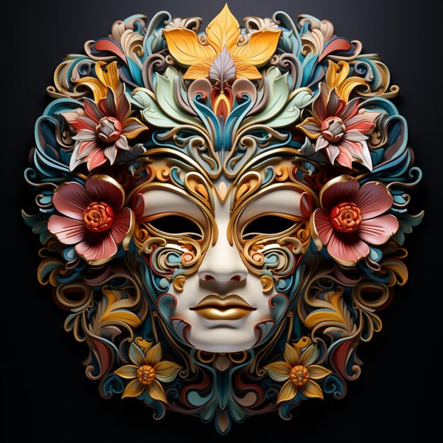 a close up of a mask with flowers and leaves on it generative ai