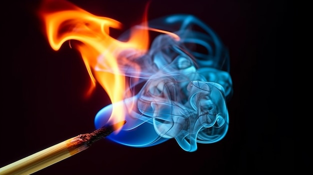 A close up of a matchstick with a blue flame on it generative ai