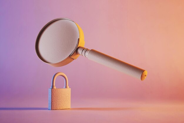 Close-up of a matte painted magnifying glass floating above a padlock against studio purple background as symbol for secret information and investigation