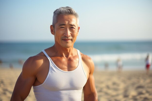 Close up of a mature asian man in the beach