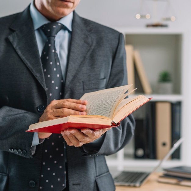 Close-up of mature lawyer reading law book