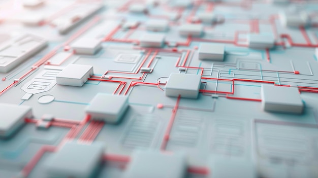 a close up of a maze with the red lines and the white squares on the bottom