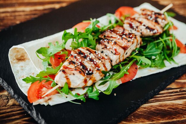 Close-up of meal served on slate