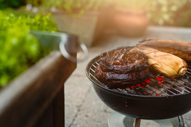 Photo close-up of meat on barbecue grill