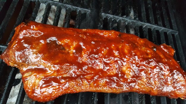 Close-up of meat on barbecue grill