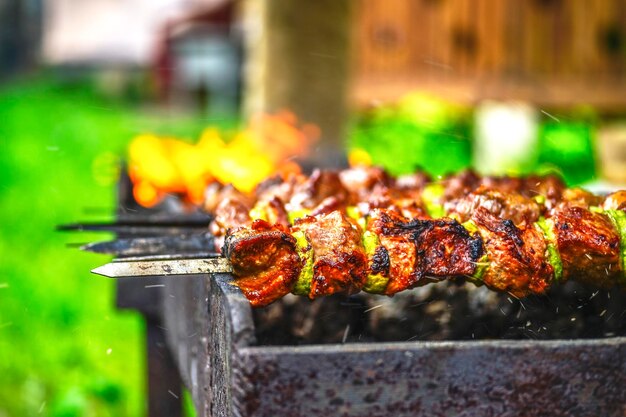 Photo close-up of meat on barbecue grill