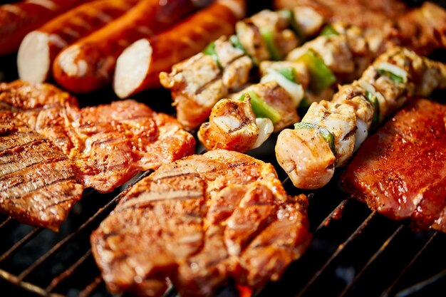 Close-up of meat on barbecue grill