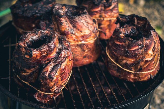 Close-up of meat on barbecue grill