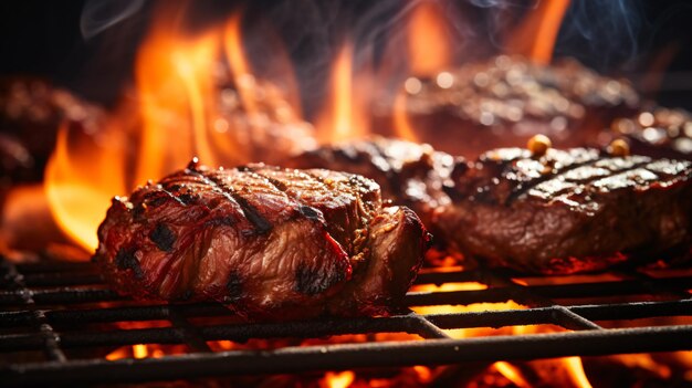 A close up of meat on a grill with flames