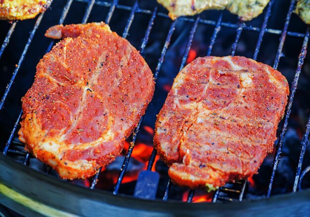 Close-up of meat on grill