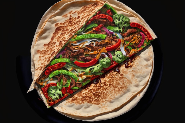 A close up of a meat and vegetable filled tortilla