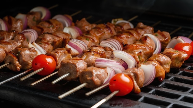 A close up of meat and vegetables on a grill