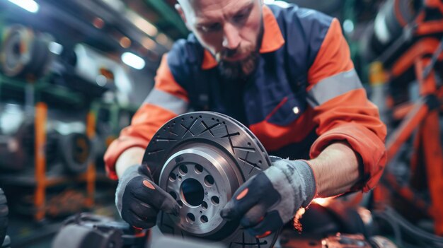 Photo close up of a mechanic inspecting brake pads and rotors in the service station