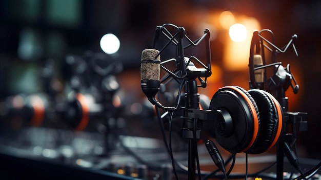 Close up of Media Microphones and Headphones