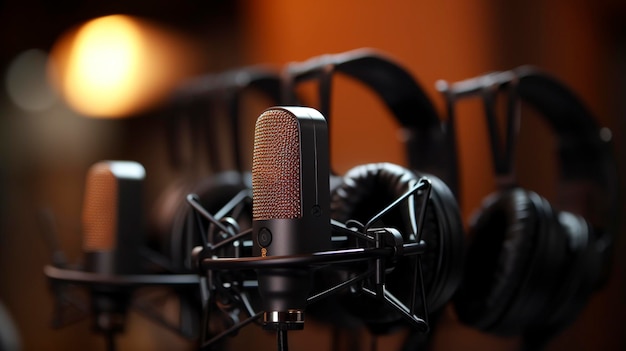 Close up of Media Microphones and Headphones