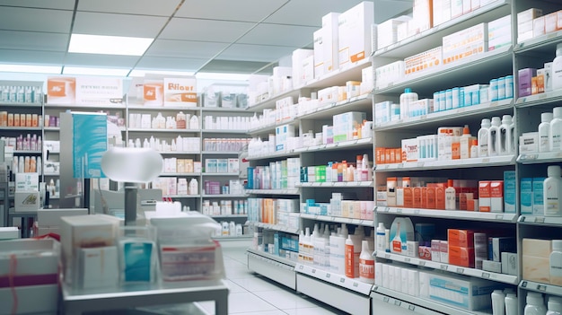 Photo close up of medical shop shelves and products