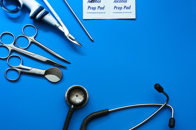 Close-up of medical supplies on blue table