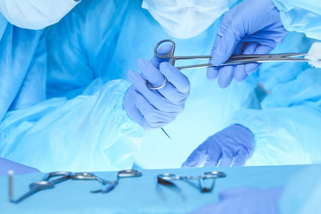 Close-up of medical team performing operation. Group of surgeons at work are busy of patient. Medicine, veterinary or healthcare and emergency in hospital.