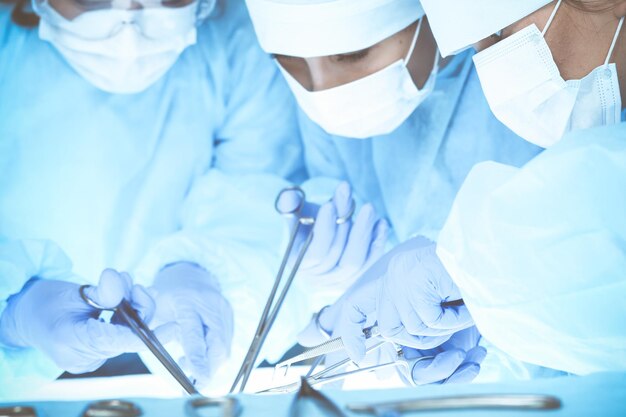 Close-up of medical team performing operation. Group of surgeons at work are busy of patient. Medicine, veterinary or healthcare and emergency in hospital.