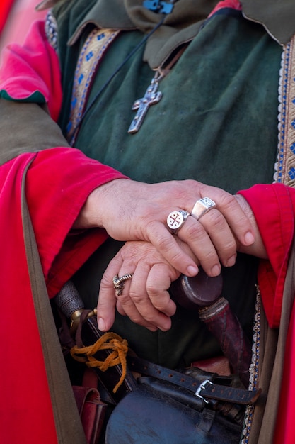 Close up medieval soldier hand