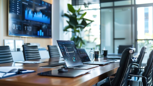 Photo close up meeting room with laptop on the table and displaying presentation slides on digital screen